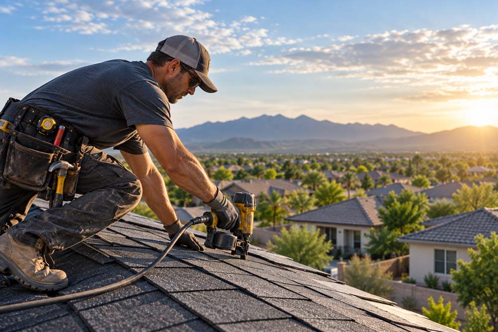 Professional roofer working on a residential roof